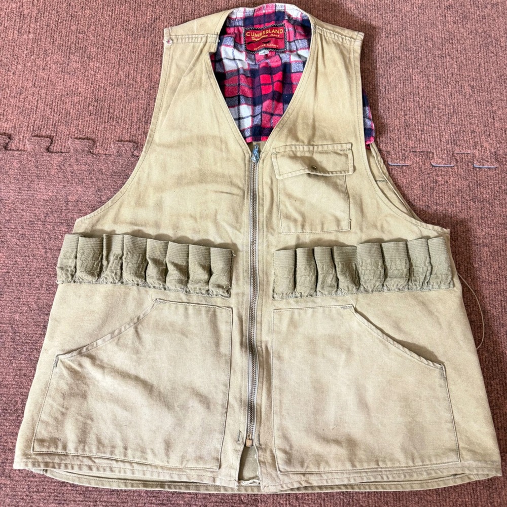 Vintage Cumberland Hunting Vest Tan Canvas Plaid Lined Shell‎ Loops Game Bag B-